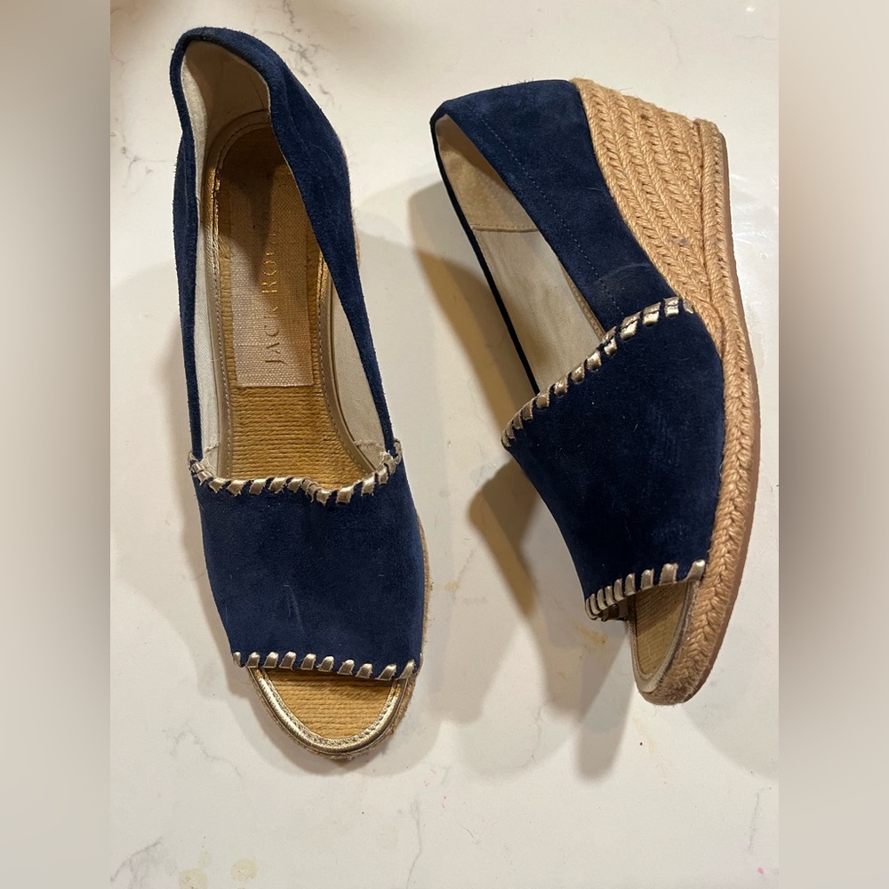 Beautiful navy suede and gold Jack Rogers open toe espadrilles. size 8.5